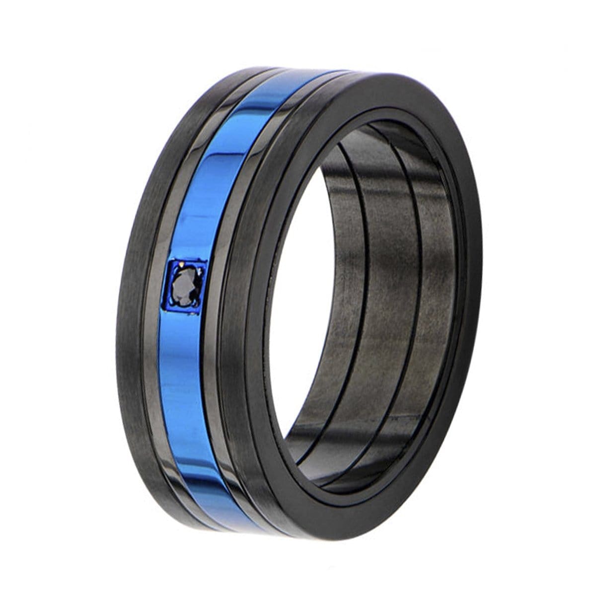 INOX JEWELRY Rings Blue and Black Stainless Steel Striped with Black CZ Spinner Ring