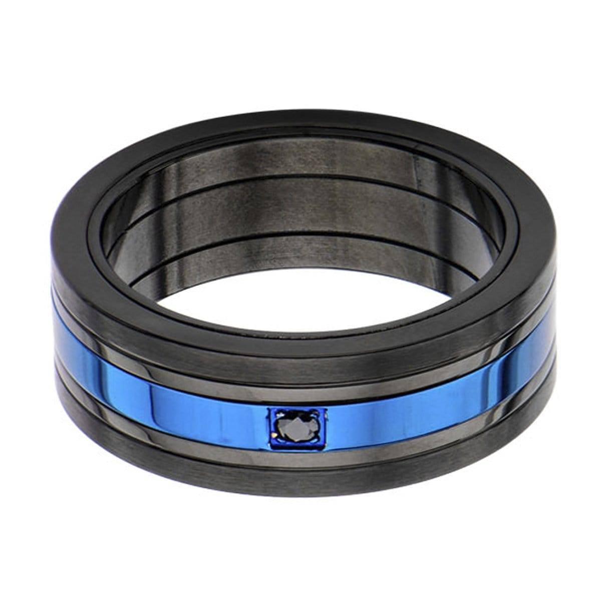 INOX JEWELRY Rings Blue and Black Stainless Steel Striped with Black CZ Spinner Ring