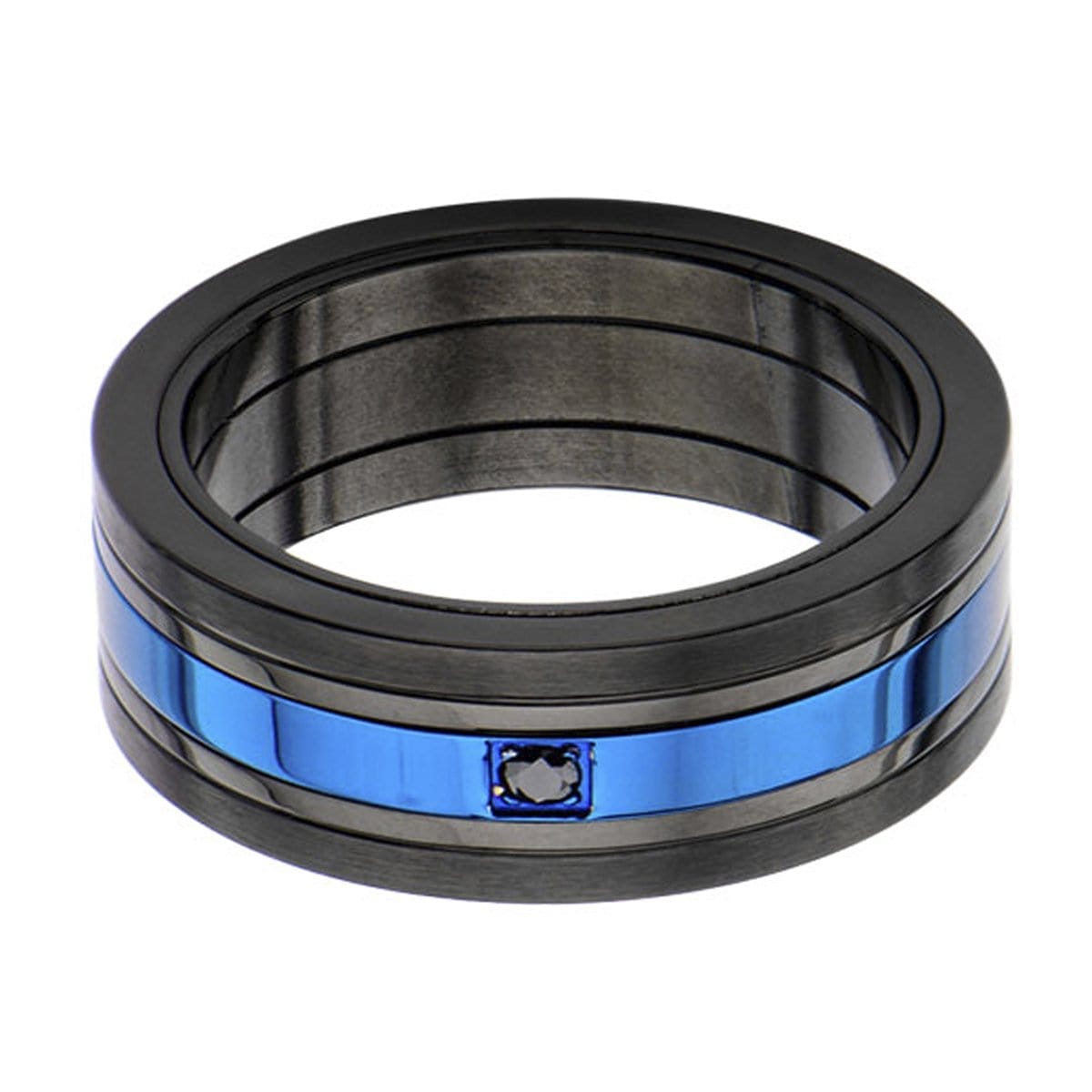 INOX JEWELRY Rings Blue and Black Stainless Steel Striped with Black CZ Spinner Ring