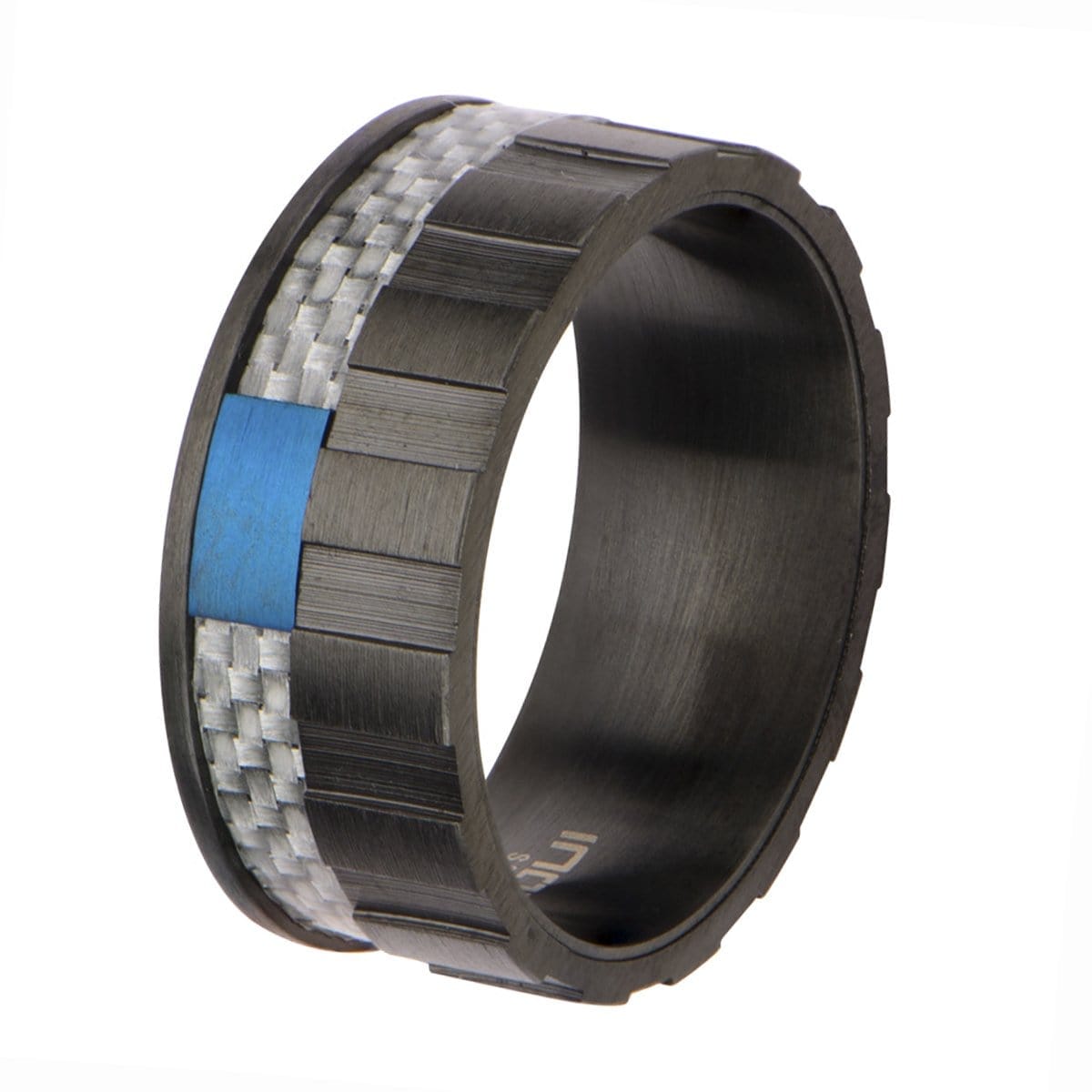 INOX JEWELRY Rings Blue and Black Stainless Steel with Gray Carbon Fiber Banded Block Ring