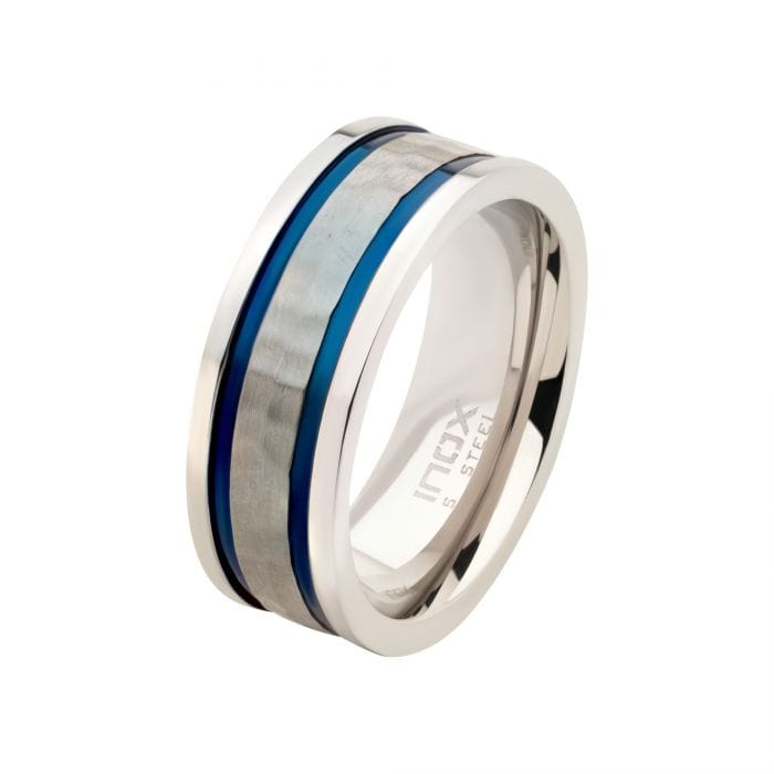 Buy Blue and Silver Tone Stainless Steel Hammered Band Ring