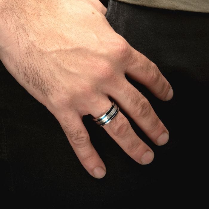 INOX JEWELRY Rings Blue and Silver Stainless Steel Hammered Band Ring