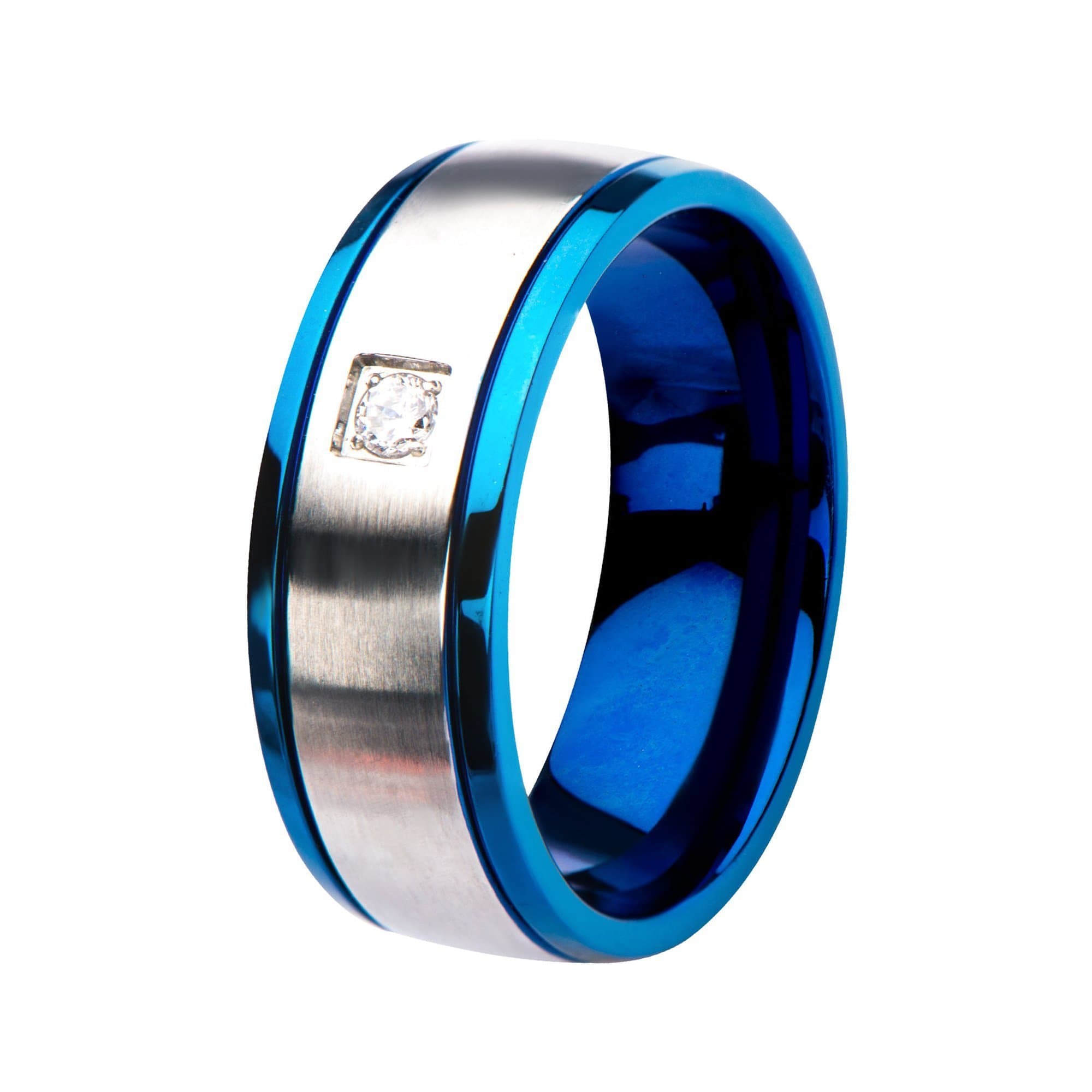 INOX JEWELRY Rings Blue and Silver Tone Stainless Steel CZ Detail Band Ring