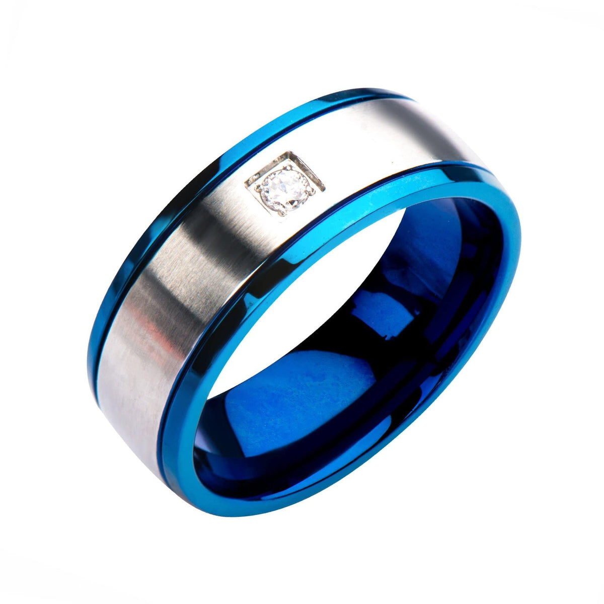 INOX JEWELRY Rings Blue and Silver Tone Stainless Steel CZ Detail Band Ring
