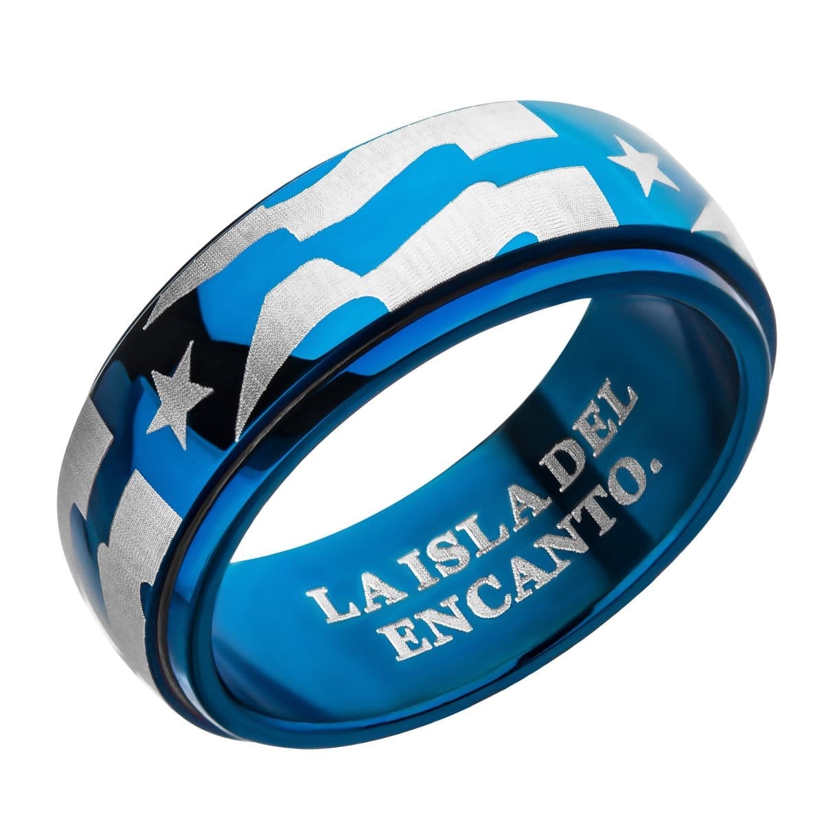 INOX JEWELRY Rings Blue and Silver Tone Stainless Steel Star with Stripes Spinner Ring