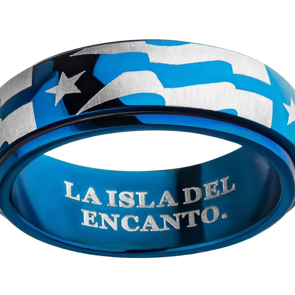 INOX JEWELRY Rings Blue and Silver Tone Stainless Steel Star with Stripes Spinner Ring