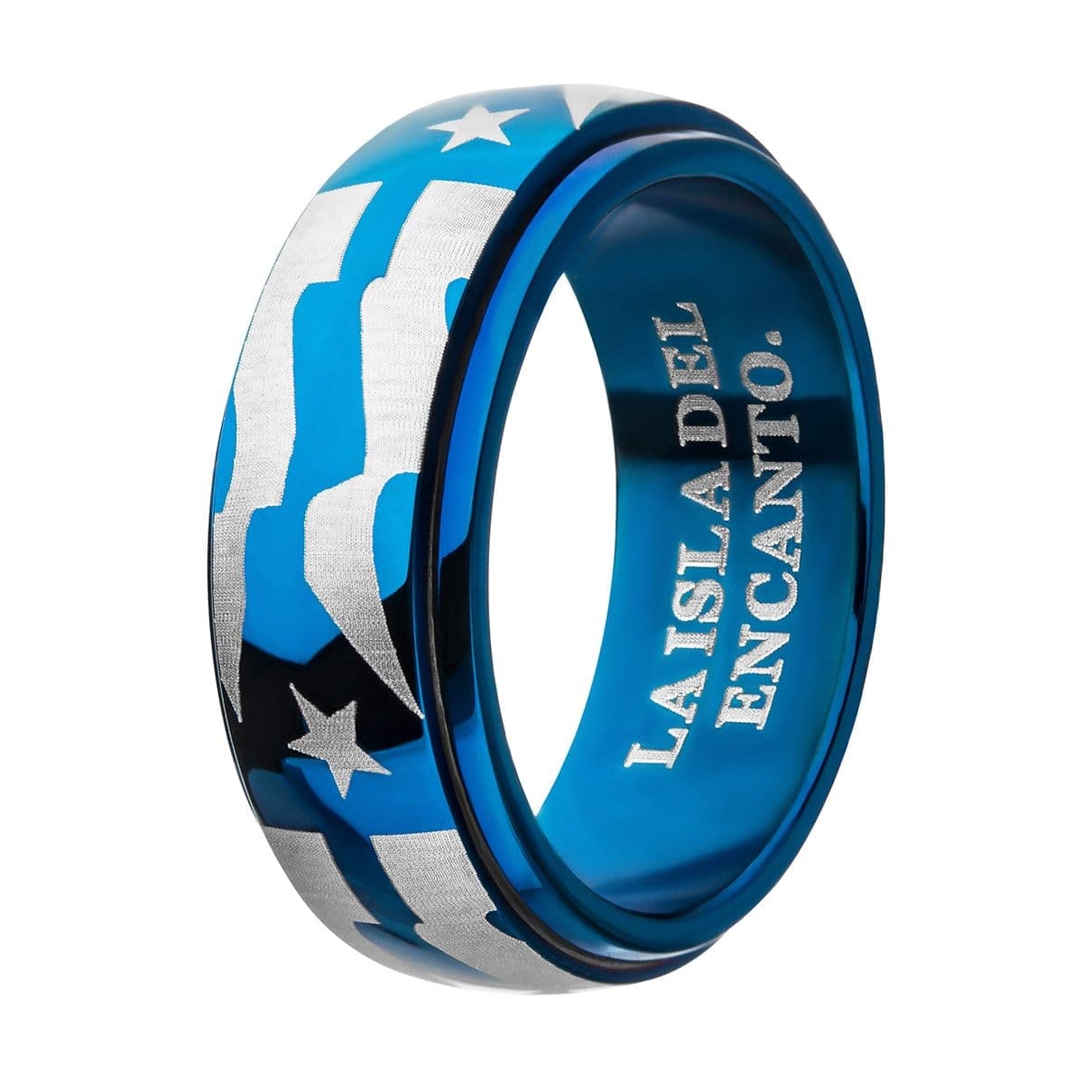 INOX JEWELRY Rings Blue and Silver Tone Stainless Steel Star with Stripes Spinner Ring