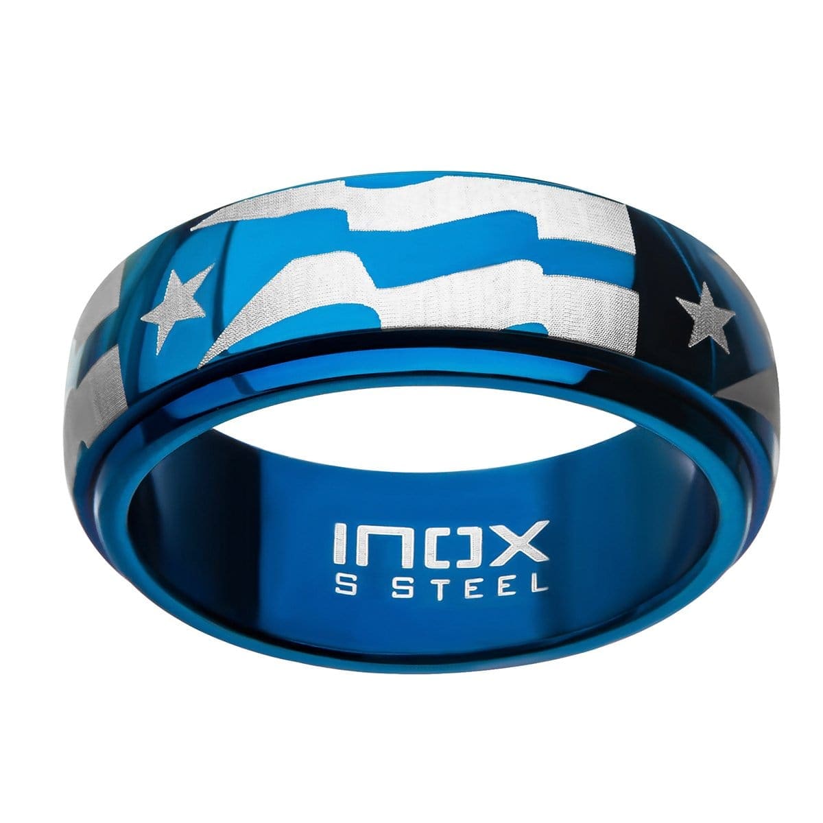 INOX JEWELRY Rings Blue and Silver Tone Stainless Steel Star with Stripes Spinner Ring