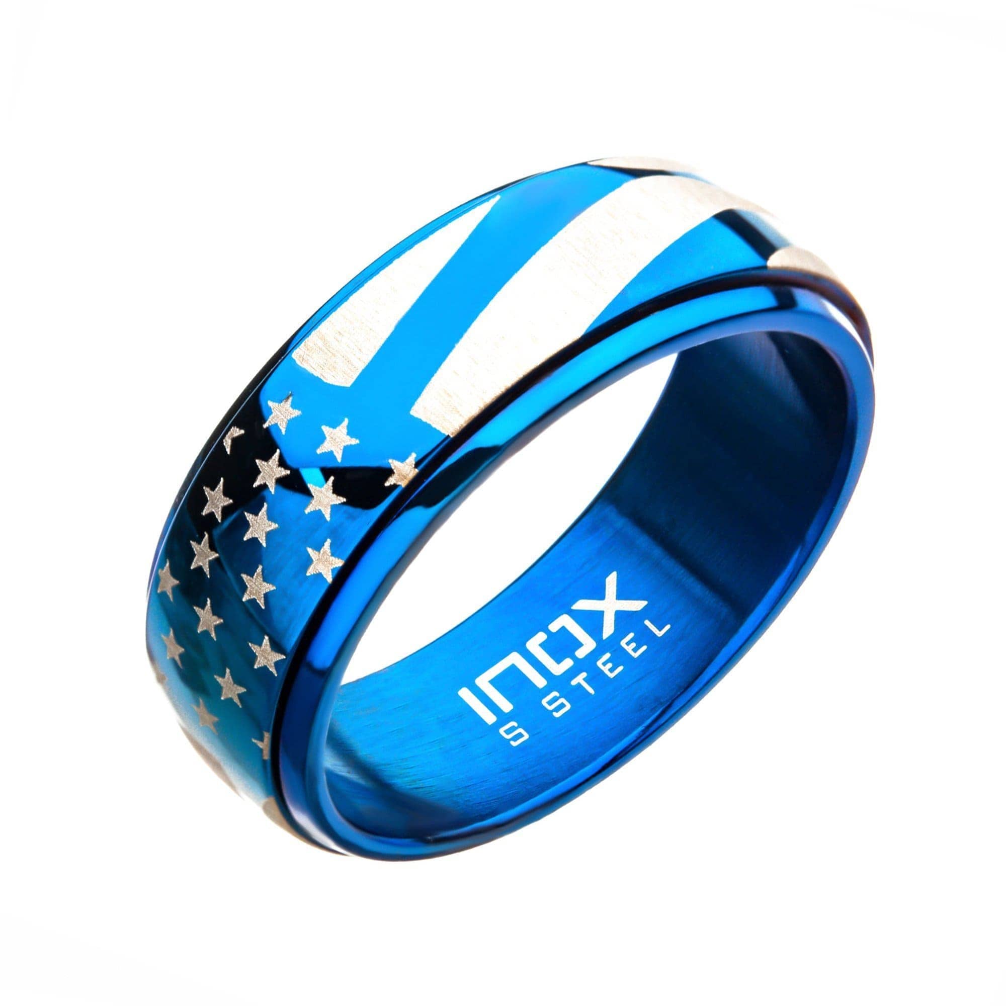INOX JEWELRY Rings Blue and Silver Tone Stainless Steel Stars with Stripes Band Ring