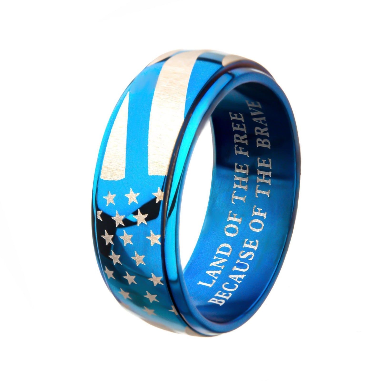 INOX JEWELRY Rings Blue and Silver Tone Stainless Steel Stars with Stripes Band Ring