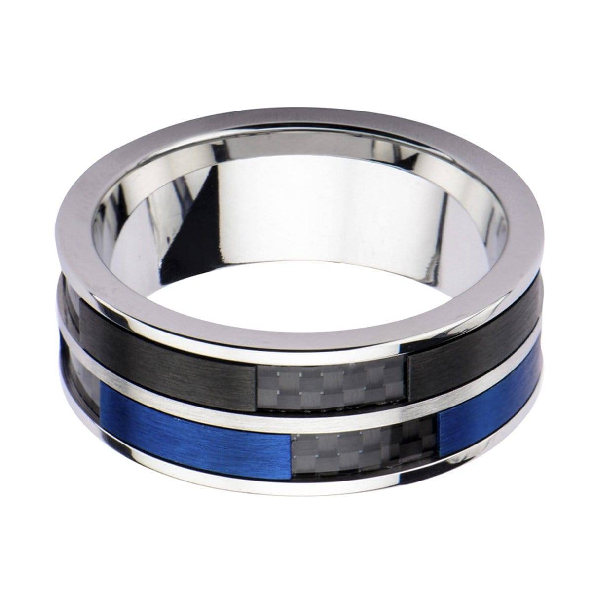 INOX JEWELRY Rings Blue, Black and Silver Tone Stainless Steel Carbon Fiber Double Band Ring