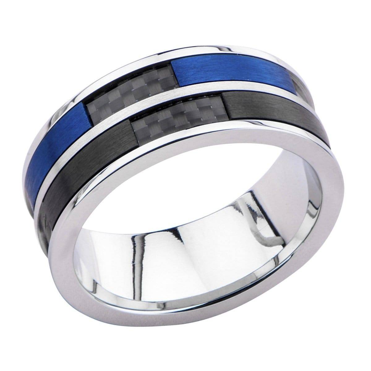 INOX JEWELRY Rings Blue, Black and Silver Tone Stainless Steel Carbon Fiber Double Band Ring