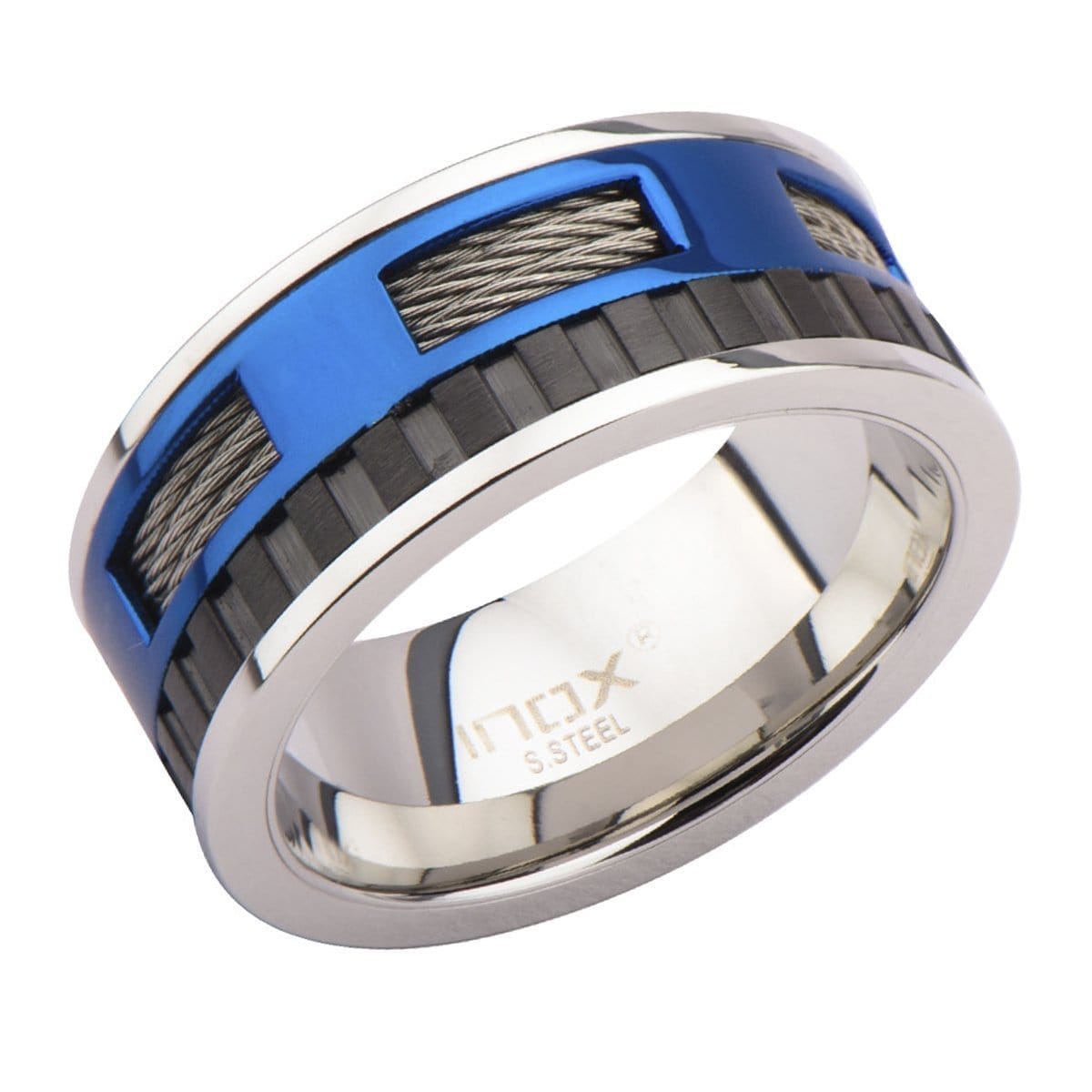INOX JEWELRY Rings Blue, Black and Silver Tone Stainless Steel Exposed Cable Wire Banded Window Ring