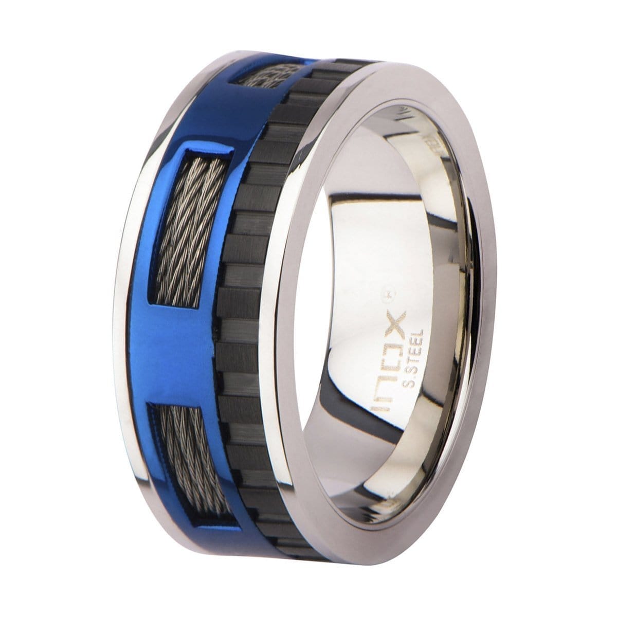 INOX JEWELRY Rings Blue, Black and Silver Tone Stainless Steel Exposed Cable Wire Banded Window Ring