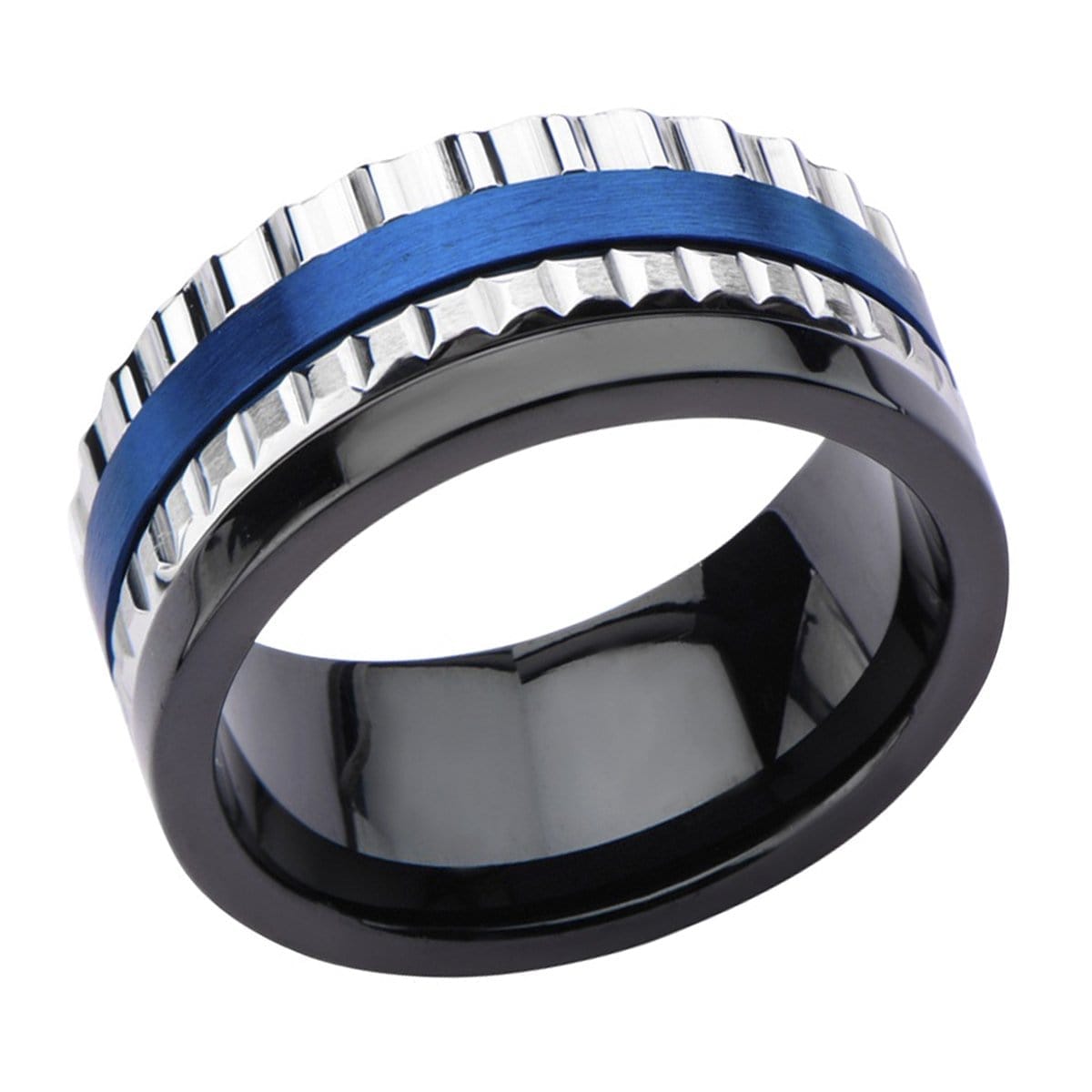 INOX JEWELRY Rings Blue, Black and Silver Tone Stainless Steel Jagged Edge Band Ring
