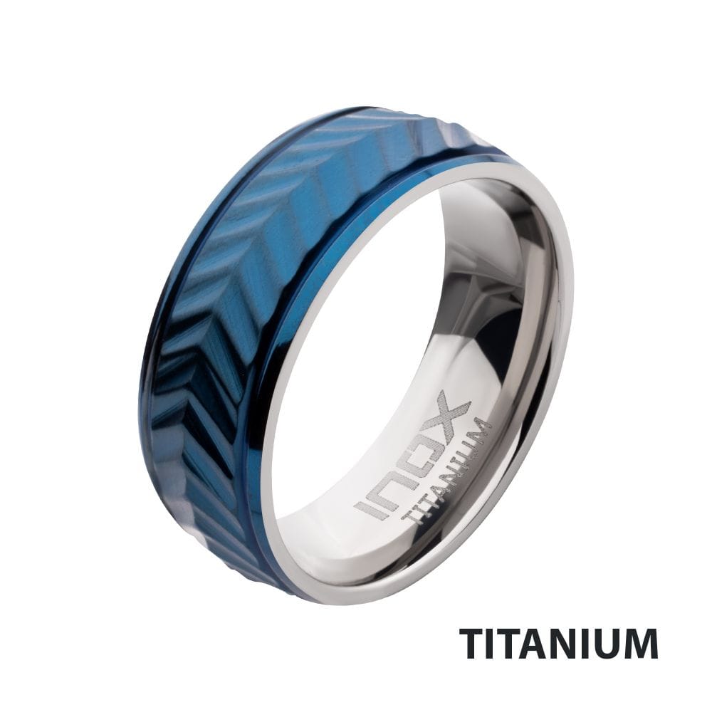 INOX JEWELRY Rings Blue IP Titanium Matte Finish Chevron Comfort Fit Ring
