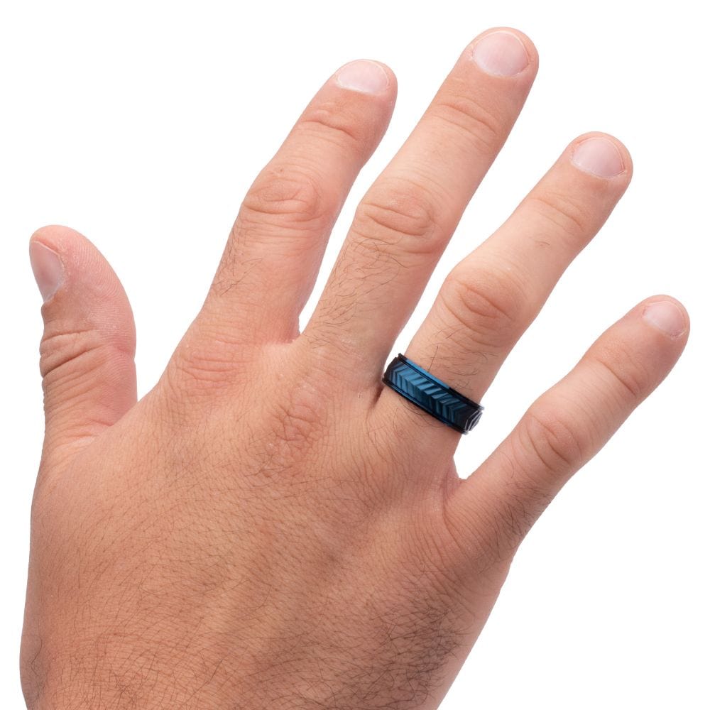 INOX JEWELRY Rings Blue IP Titanium Matte Finish Chevron Comfort Fit Ring