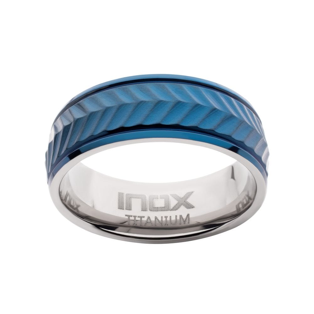 INOX JEWELRY Rings Blue IP Titanium Matte Finish Chevron Comfort Fit Ring