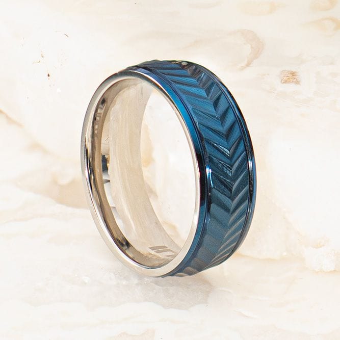 INOX JEWELRY Rings Blue IP Titanium Matte Finish Chevron Comfort Fit Ring