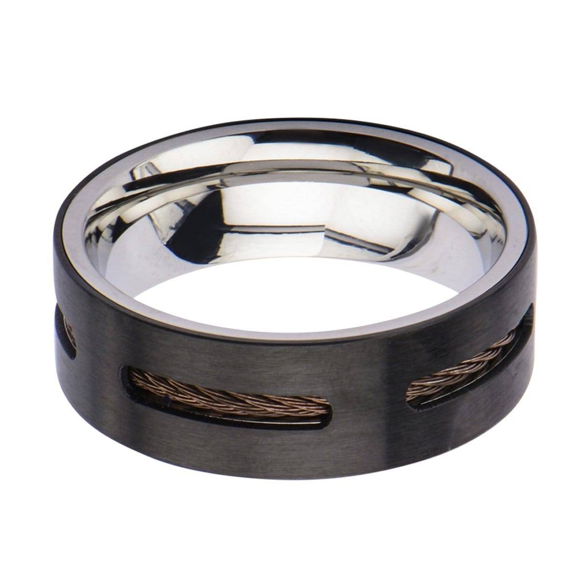 INOX JEWELRY Rings Brown, Black and Silver Tone Stainless Steel Partial Exposed Cable Ring
