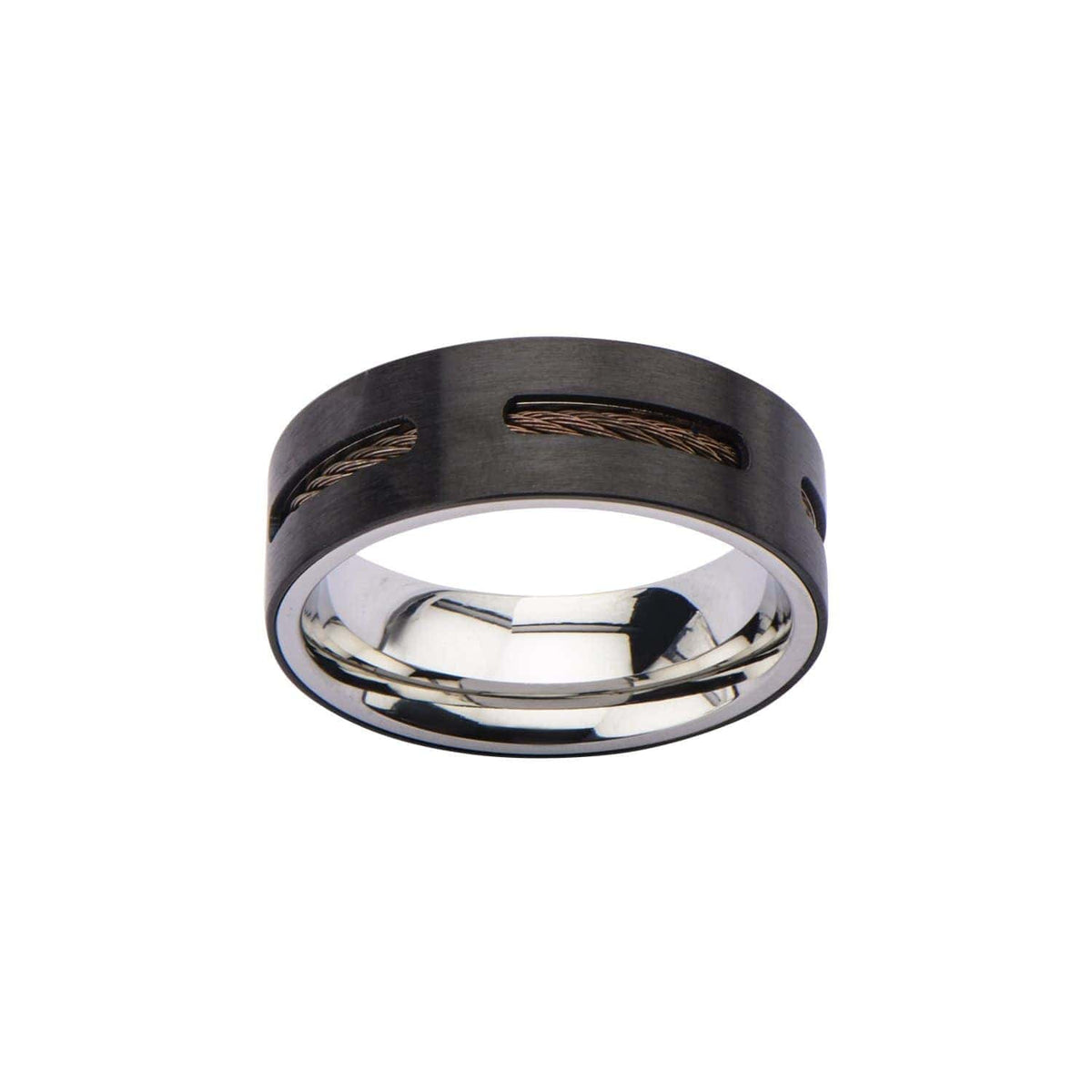 INOX JEWELRY Rings Brown, Black and Silver Tone Stainless Steel Partial Exposed Cable Ring