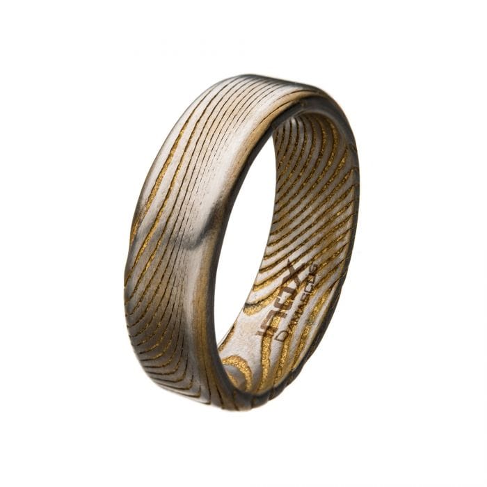 INOX JEWELRY Rings Damascus Steel 18K Golden Tone Ion Plated with Silver Tone 7mm Matte Ring