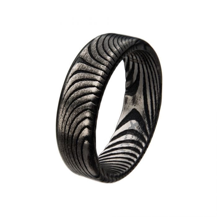 INOX JEWELRY Rings Damascus Steel Black and Silver Tone 7mm Band Ring FRDMS991MK-9