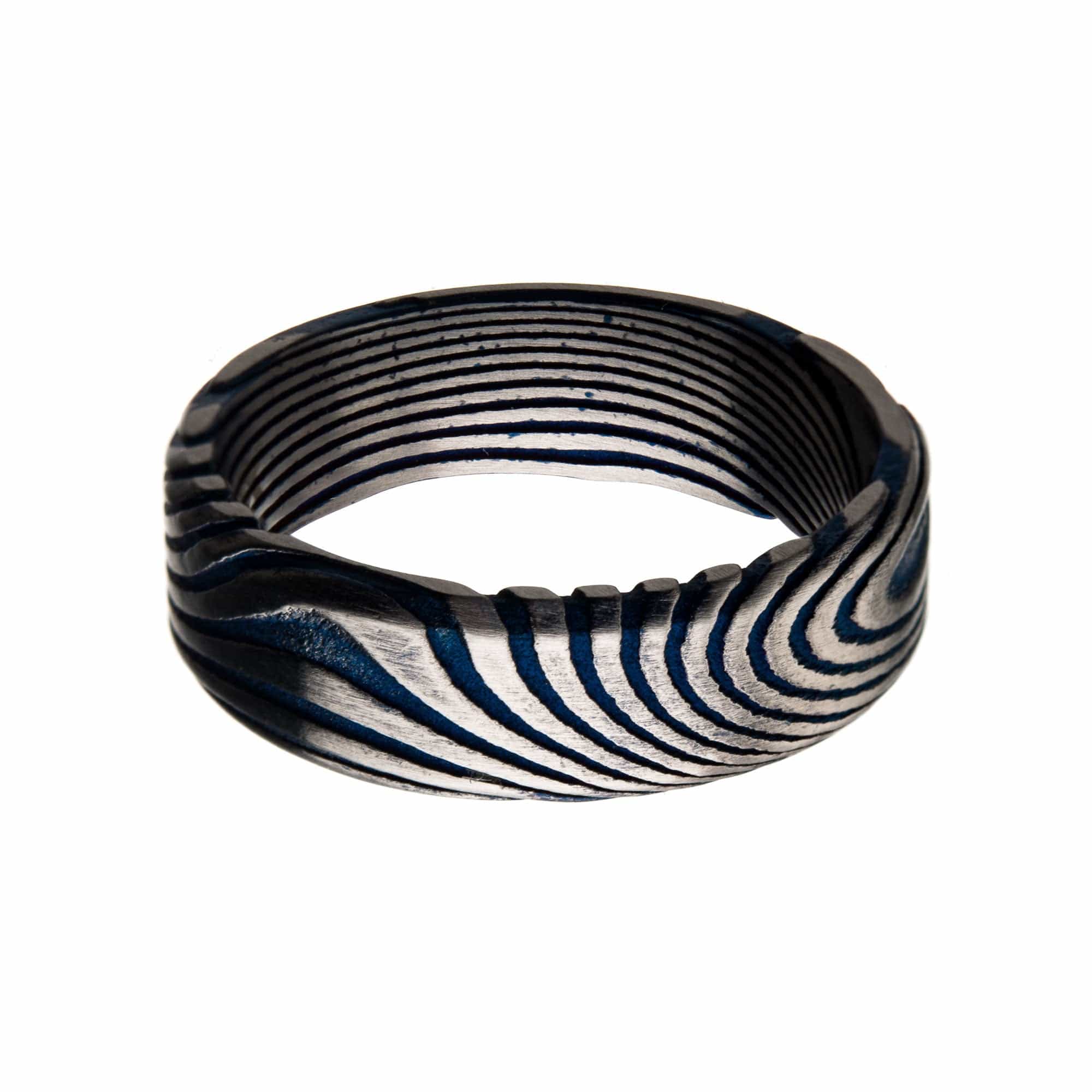 INOX JEWELRY Rings Damascus Steel Blue and Silver Tone 7mm Matte Ring