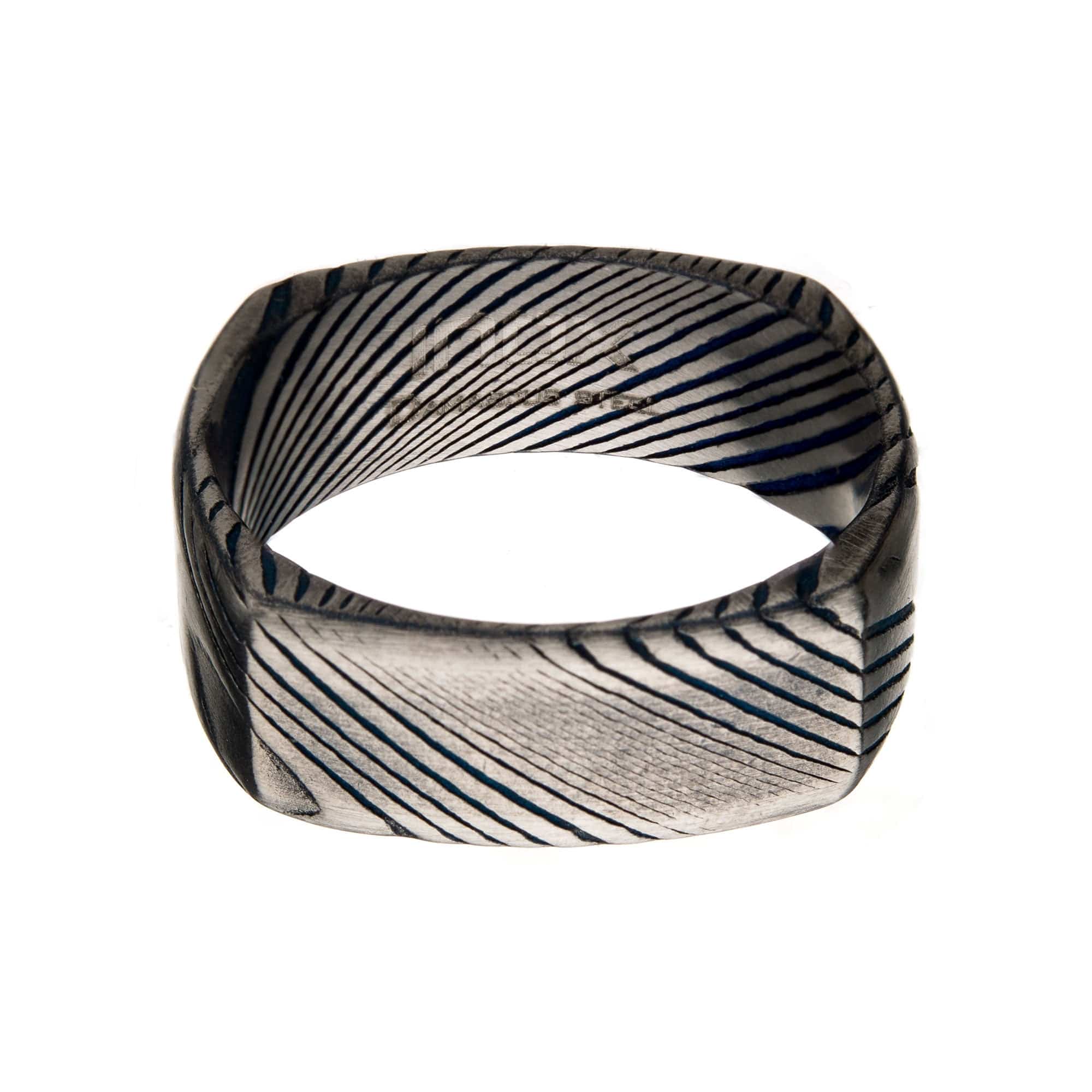INOX JEWELRY Rings Damascus Steel Blue and Silver Tone 8mm Matte Square Ring