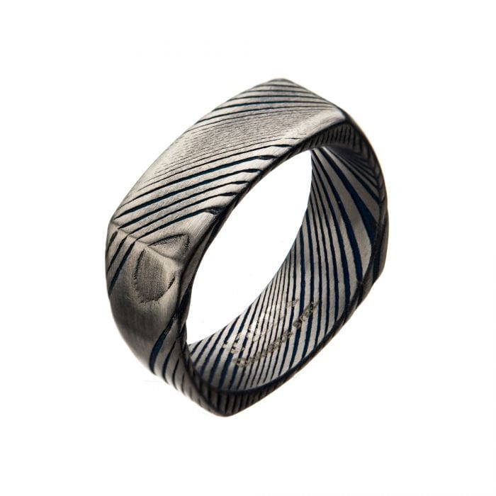 INOX JEWELRY Rings Damascus Steel Blue and Silver Tone 8mm Matte Square Ring