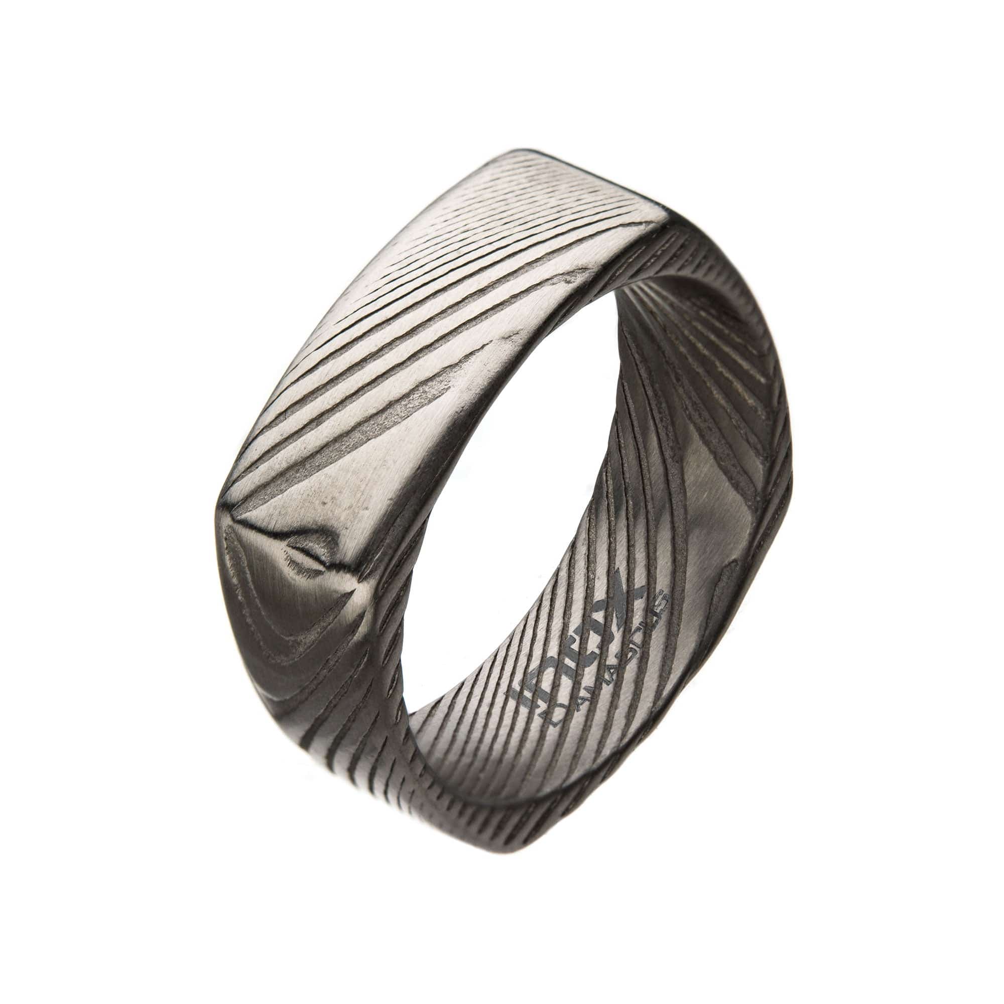 INOX JEWELRY Rings Damascus Steel Silver Tone 8mm Square Ring
