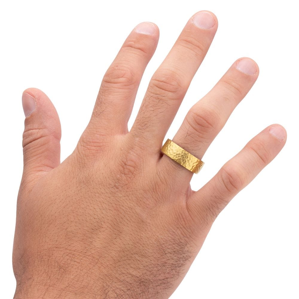 INOX JEWELRY Rings Gold IP Titanium & Redwood Matte Finish Hammered Comfort Fit Ring