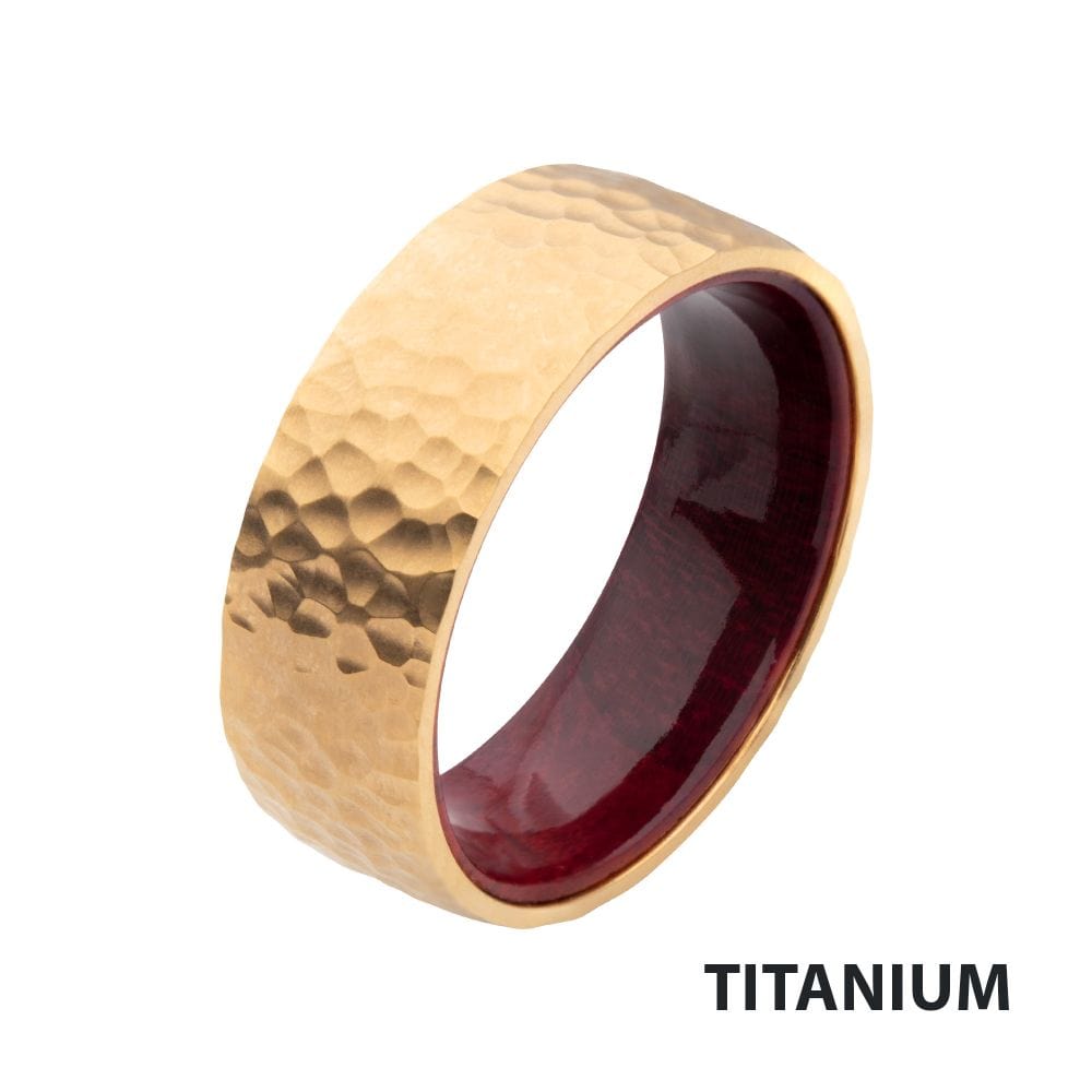 INOX JEWELRY Rings Gold IP Titanium & Redwood Matte Finish Hammered Comfort Fit Ring