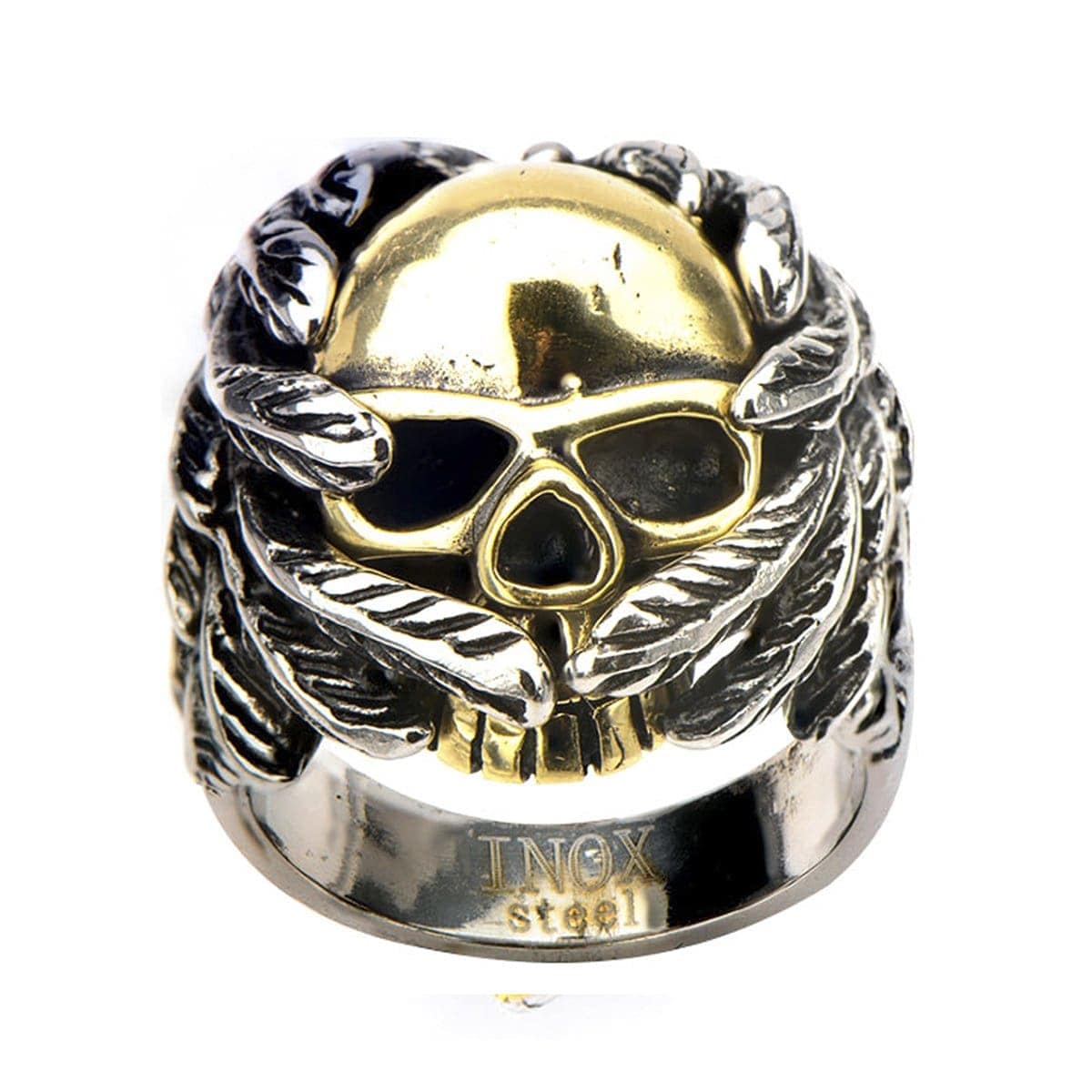INOX JEWELRY Rings Golden Tone and Antiqued Silver Tone Stainless Steel Bundled Skull in Wings Ring