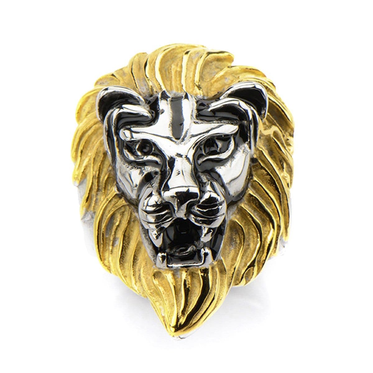 INOX JEWELRY Rings Golden Tone and Antiqued Silver Tone Stainless Steel Lion's Head Ring