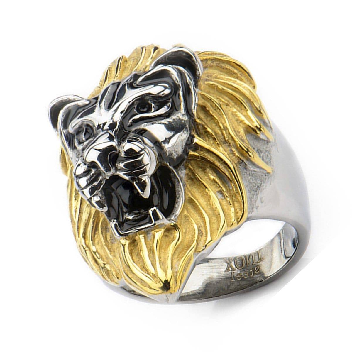 INOX JEWELRY Rings Golden Tone and Antiqued Silver Tone Stainless Steel Lion's Head Ring