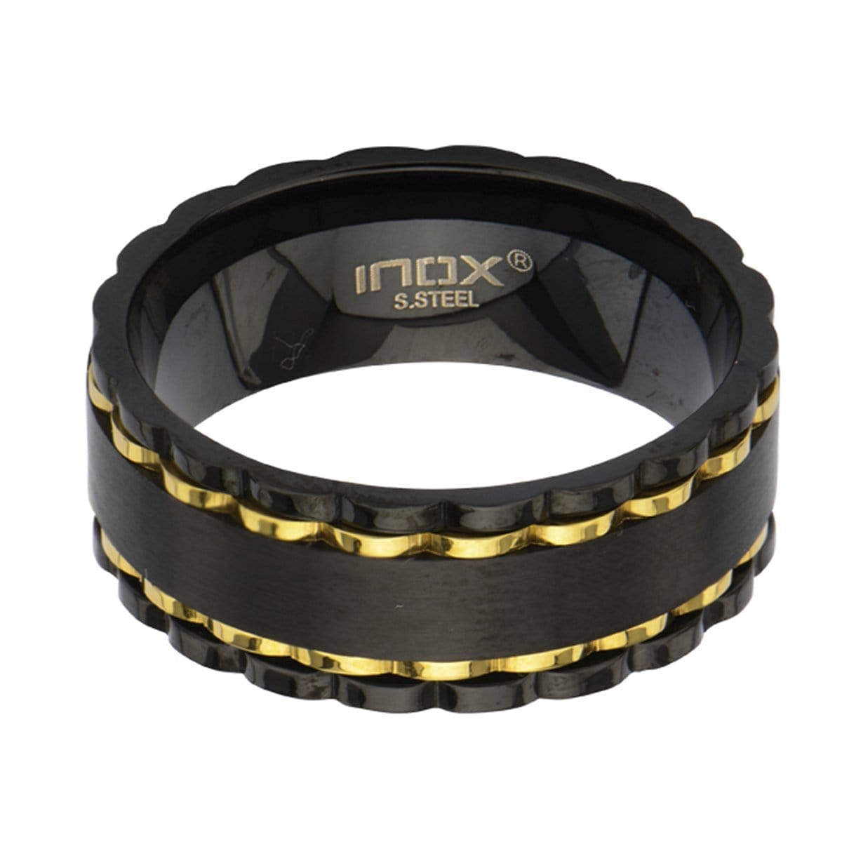 INOX JEWELRY Rings Golden Tone and Black Stainless Steel Glossy Outlined Spinner Ring