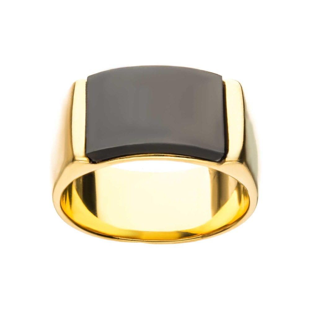 INOX JEWELRY Rings Golden Tone and Black Stainless Steel Matte Finish Engravable Signet Ring