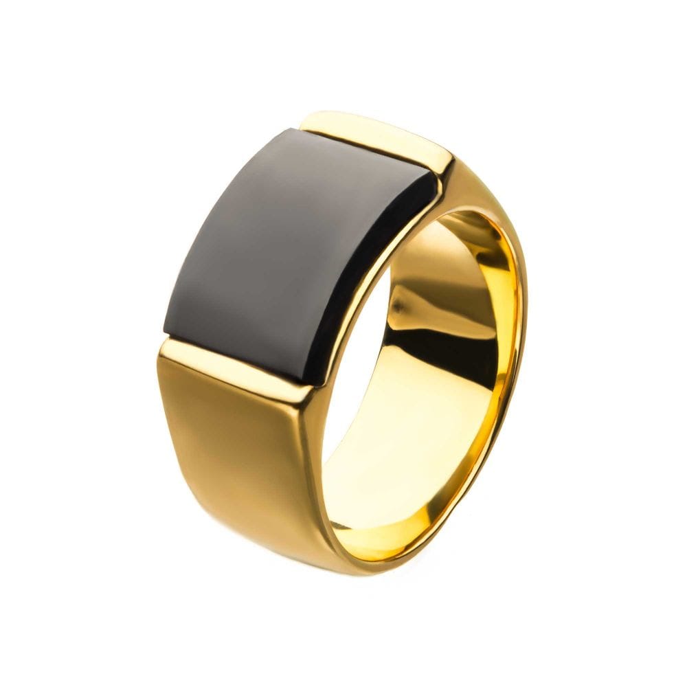 INOX JEWELRY Rings Golden Tone and Black Stainless Steel Matte Finish Engravable Signet Ring