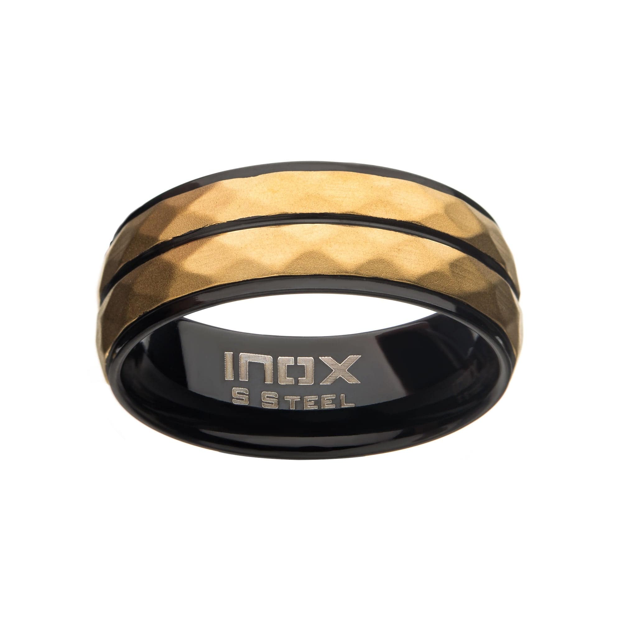 INOX JEWELRY Rings Golden Tone and Black Stainless Steel Matte Finish Hammered Band Ring