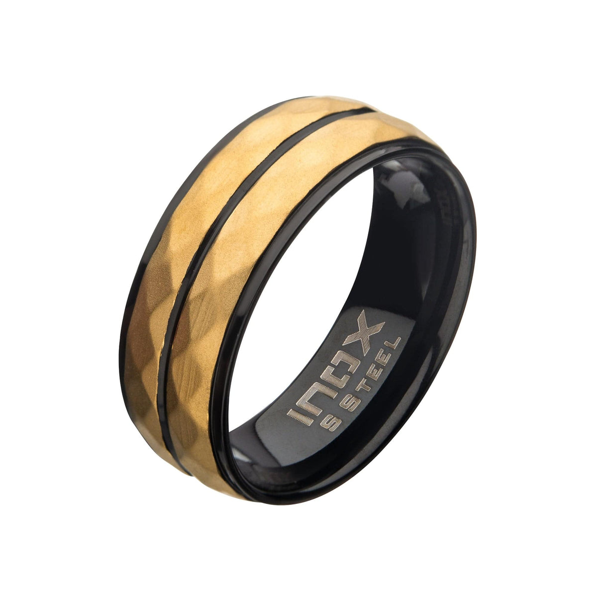 INOX JEWELRY Rings Golden Tone and Black Stainless Steel Matte Finish Hammered Band Ring