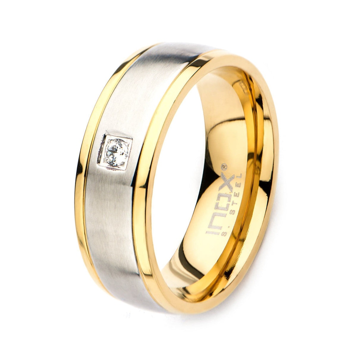 INOX JEWELRY Rings Golden Tone and Silver Tone Stainless Steel CZ Detail Band Ring