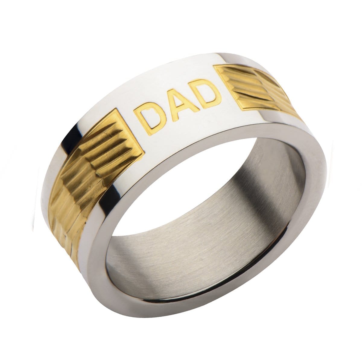 INOX JEWELRY Rings Golden Tone and Silver Tone Stainless Steel Engraved DAD Patterned Band