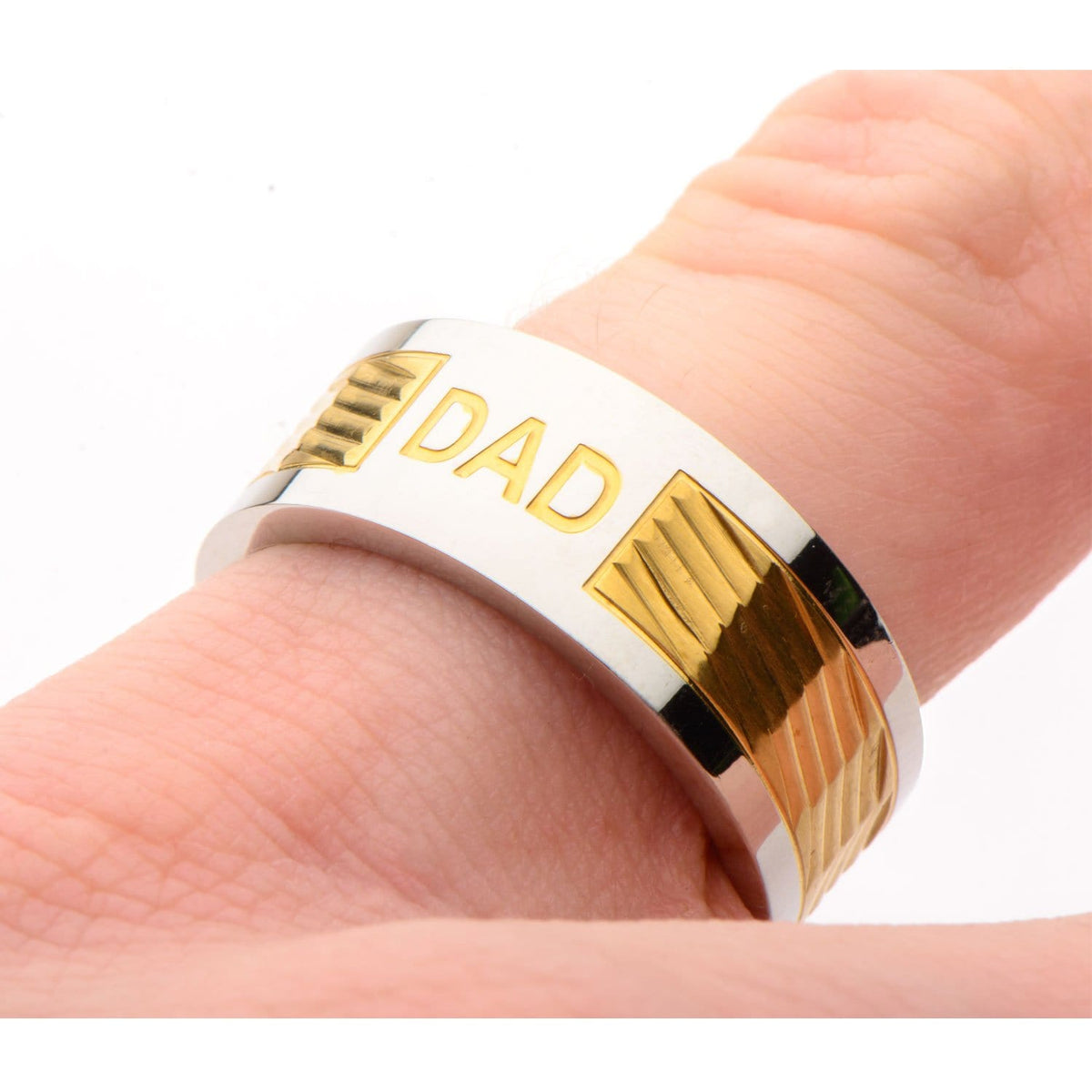 INOX JEWELRY Rings Golden Tone and Silver Tone Stainless Steel Engraved DAD Patterned Band
