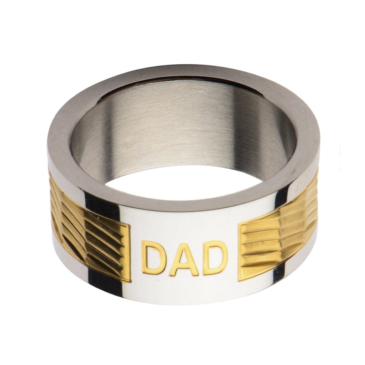 INOX JEWELRY Rings Golden Tone and Silver Tone Stainless Steel Engraved DAD Patterned Band