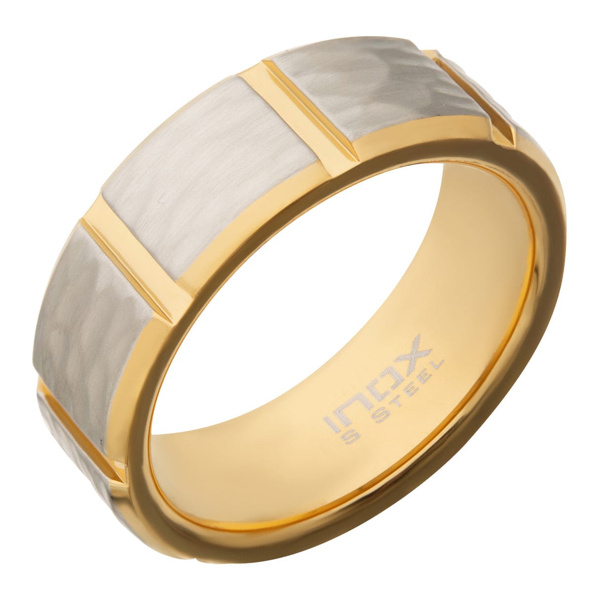 INOX JEWELRY Rings Golden Tone and Silver Tone Stainless Steel Hammered Finish Modern Block Band Ring