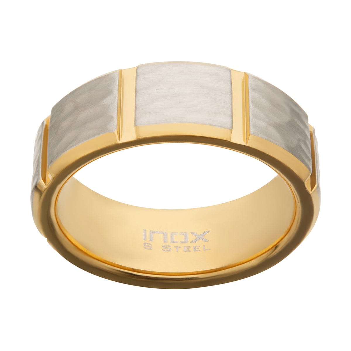 INOX JEWELRY Rings Golden Tone and Silver Tone Stainless Steel Hammered Finish Modern Block Band Ring