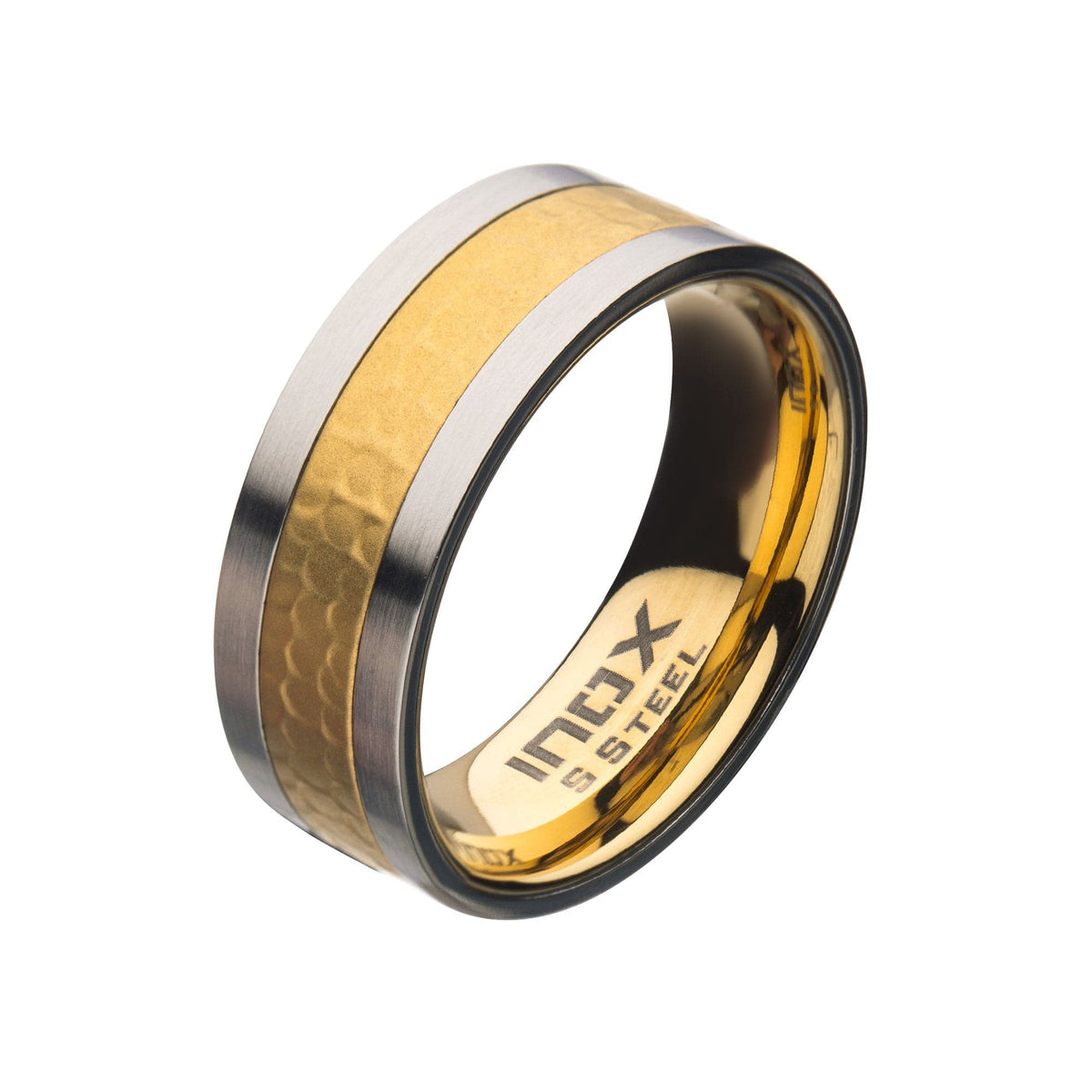 INOX JEWELRY Rings Golden Tone and Silver Tone Stainless Steel Matte Finish Hammered Band Ring