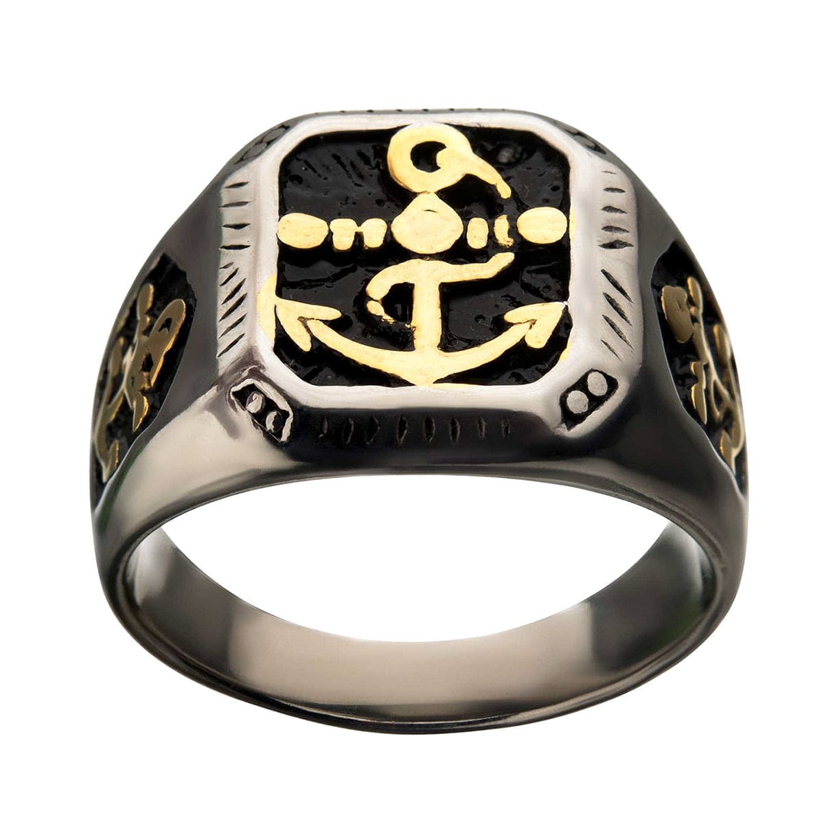 INOX JEWELRY Rings Golden Tone, Black and Antiqued Silver Tone Stainless Steel Vintage Anchor Signet Ring