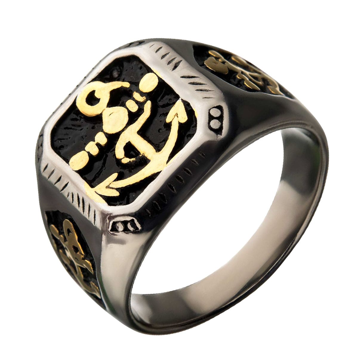 INOX JEWELRY Rings Golden Tone, Black and Antiqued Silver Tone Stainless Steel Vintage Anchor Signet Ring